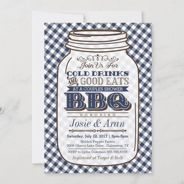 Invitation Mason Jar BBQ, Couples Douche Marine Bl (Devant)