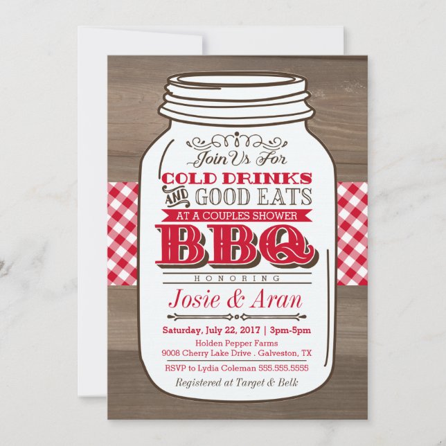 Invitation Mason Jar BBQ, Couples Douche sur bois (Devant)