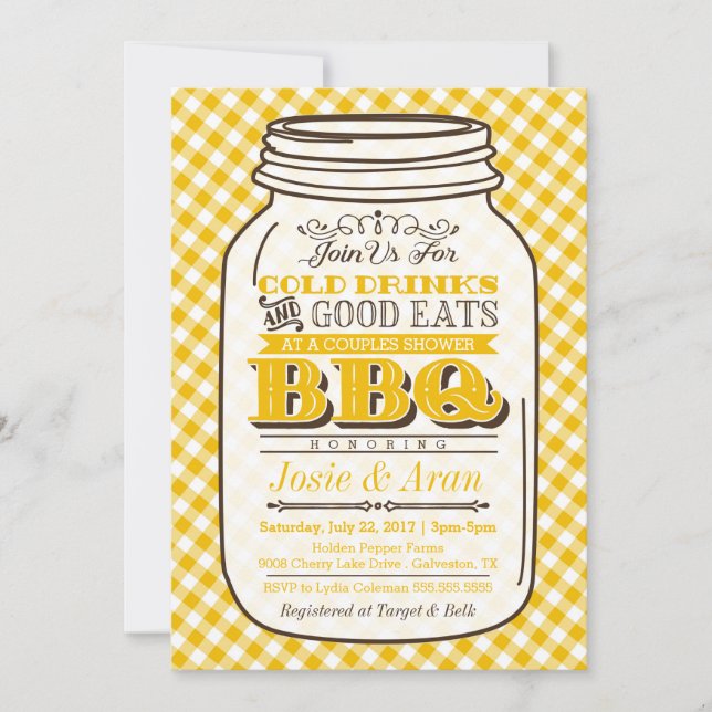 Invitation Mason Jar BBQ, Douche Couples, Jaune (Devant)