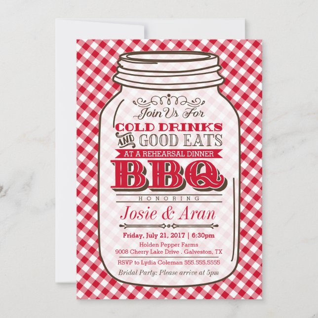 Invitation Mason Jar BBQ Invitation, Dîner de répétition Invi (Devant)