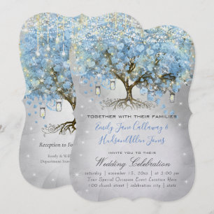 Invitation Mason Jar Bleu Argent Coeur Feutre Arbre Fée Lumiè