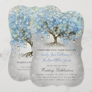 Invitation Mason Jar Bleu Argent Coeur Feutre Arbre Fée Lumiè