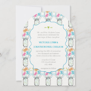 Invitation Mason Jar Coral rose Lime Aqua Mariage Floral