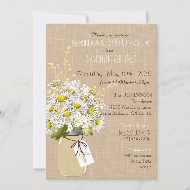 Invitation Mason Jar Daisies Fêtes des mariées rustiques (Devant)