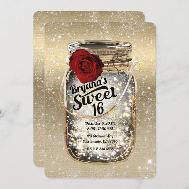 Invitation Mason Jar Éclairage et Rose Rouge Sweet 16 (Devant / Derrière)