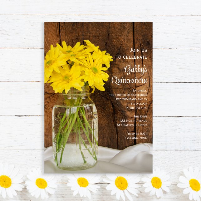 Invitation Mason Jar et marguerites jaunes Quinceañera (Créateur téléchargé)