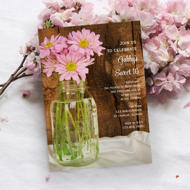 Invitation Mason Jar et marguerites roses Sweet 16 Anniversai (Créateur téléchargé)