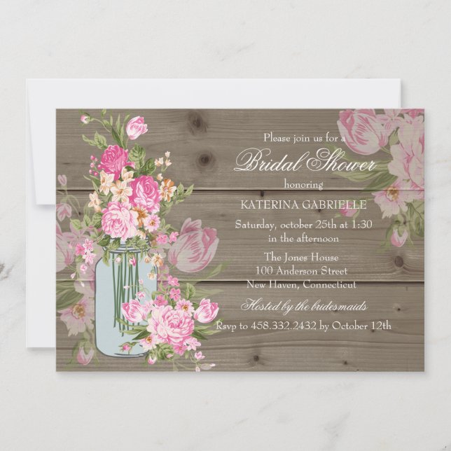 Invitation Mason Jar et Rustic Wood Fête des mariées Invitati (Devant)