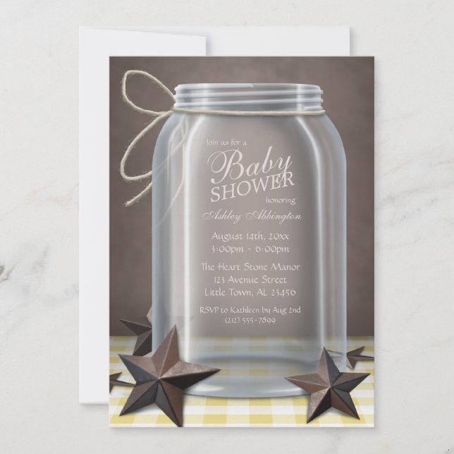 Invitation Mason Jar Etoiles Rustiques Baby shower Jaune En v (Devant)