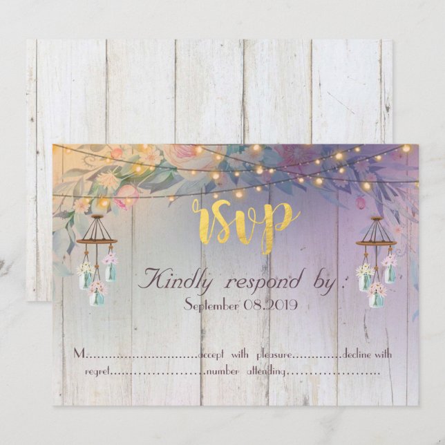 Invitation Mason Jar, Fleurs, Bois RSVP (Devant / Derrière)