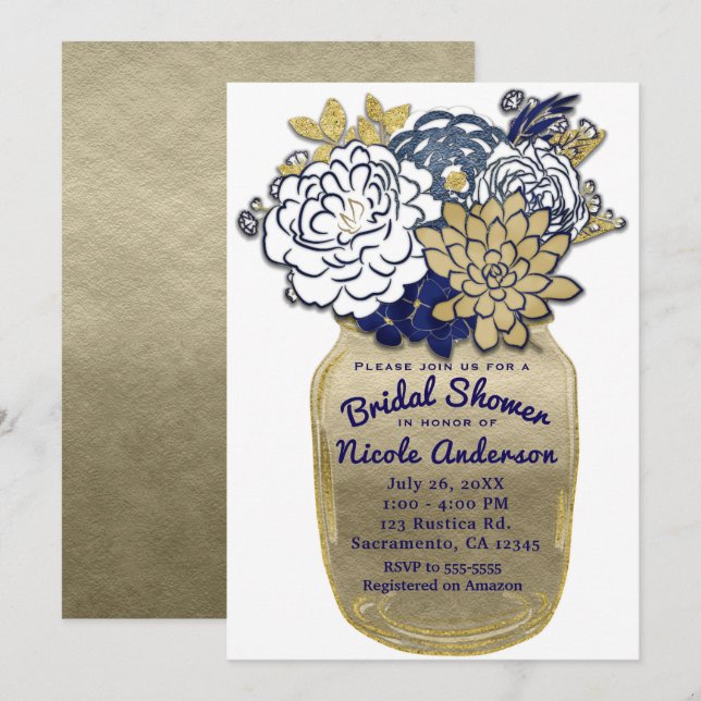 Invitation Mason Jar Fleurs Rustique Bleu Or Floral Bridal (Devant / Derrière)