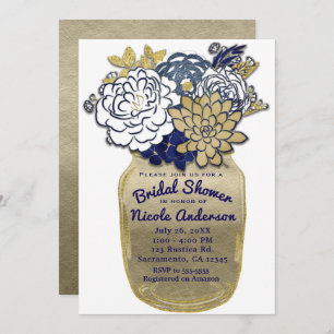 Invitation Mason Jar Fleurs Rustique Bleu Or Floral Bridal