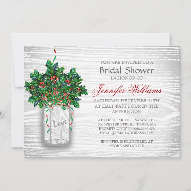Invitation Mason Jar Holly Berry Fête des mariées d'hiver rus (Devant)