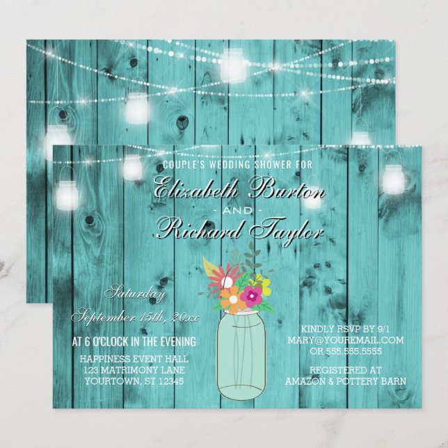 Invitation Mason Jar illumine le Wedding shower Couples en bo (Devant / Derrière)