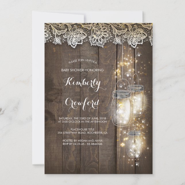Invitation Mason Jar Lumières et dentelle Baby shower rustiqu (Devant)