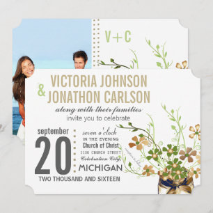 Invitation Mason Jar moderne bronze et vert Mariage floral