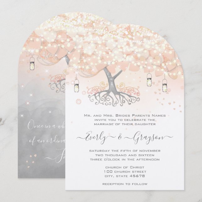 Invitation Mason Jar Peachy Pink Heart Leaf Tree Mariage (Devant / Derrière)