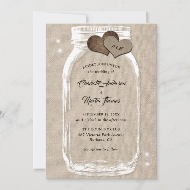 Invitation Mason Jar Rustic Country Mariage Burlap (Devant)