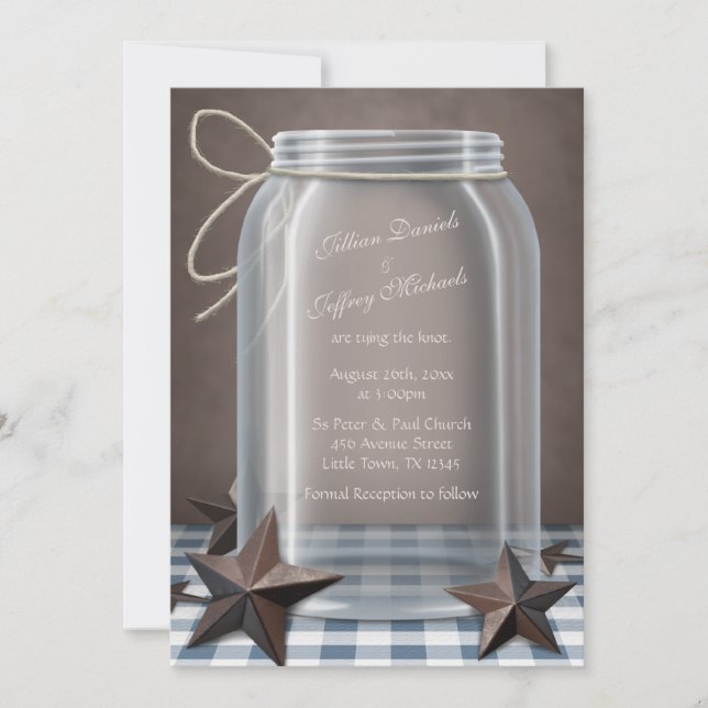 Invitation Mason Jar Rustic Stars Blue En vichy Mariage (Devant)