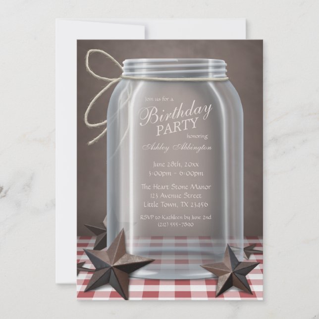 Invitation Mason Jar Rustic Stars Rouge En vichy Anniversaire (Devant)