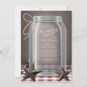 Invitation Mason Jar Rustic Stars Rouge En vichy Anniversaire