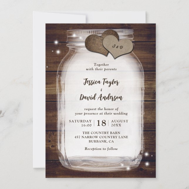 Invitation Mason Jar Rustique Burlap Coeurs Grange Mariage en (Devant)