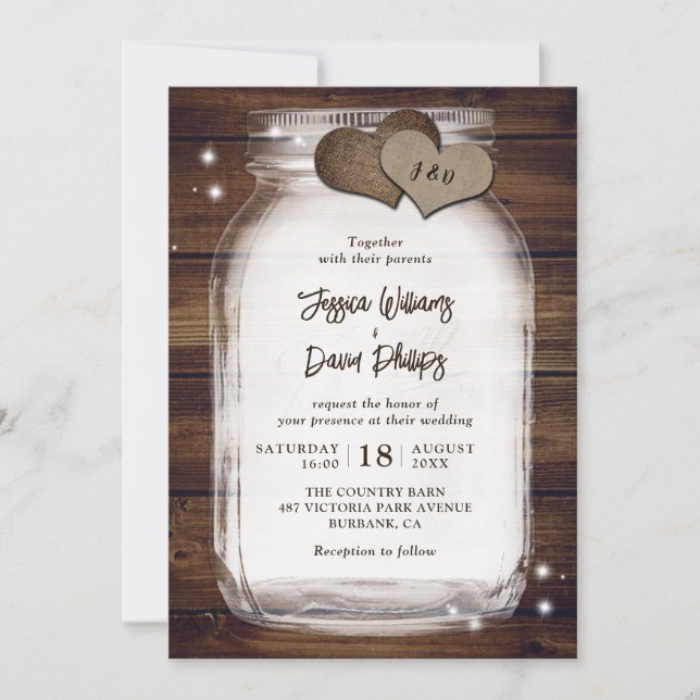 Invitation Mason Jar Rustique Burlap Coeurs Grange Mariage en (Devant)
