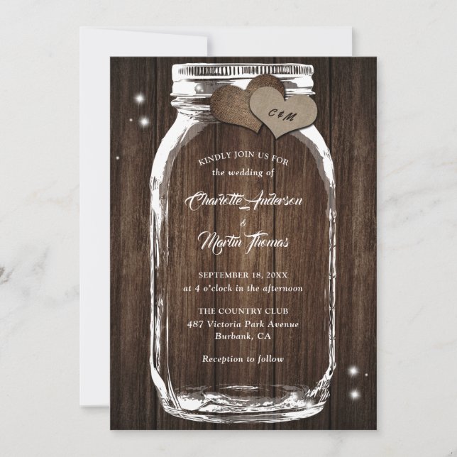 Invitation Mason Jar rustique Pays Bois Burlap Mariage de coe (Devant)
