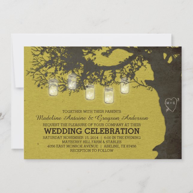 Invitation Mason Jar String Lights Chartreuse Tree Mariage (Devant)