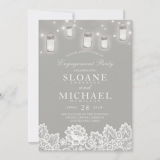 Invitation Mason Jar String Lights Lace Grey (Devant)