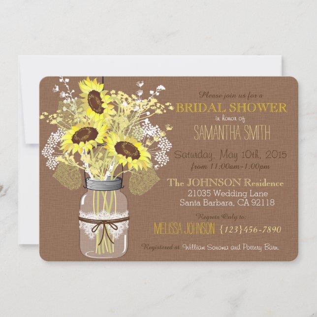 Invitation Mason Jar Sunflower Burlap Fête des mariées rustiq (Devant)
