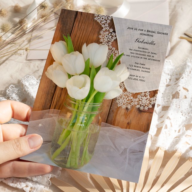 Invitation Mason Jar White Tulips Pays Grange Fête des mariée (Créateur téléchargé)