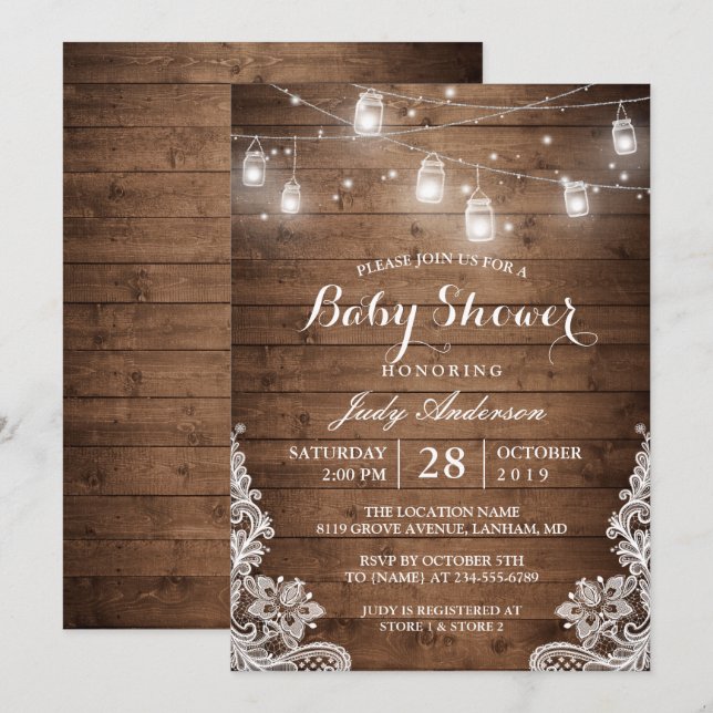 Invitation Mason Jars illumine le Baby shower en dentelle de  (Devant / Derrière)