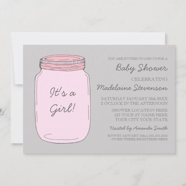 Invitation Mason Mason Gris Rose Jar Douche Personnalisée Béb (Dos)