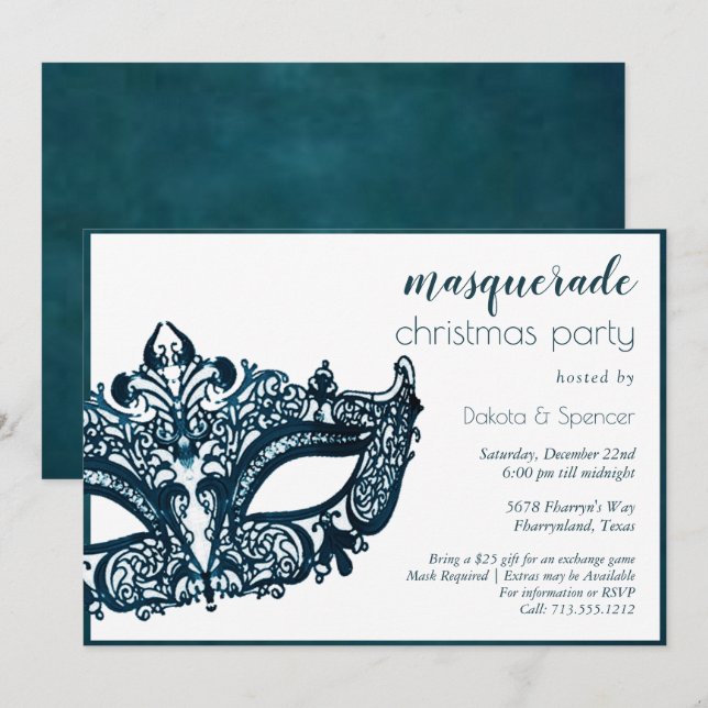 Invitation Masquage Turquoise | Mardi Gras Thème Noël (Devant / Derrière)