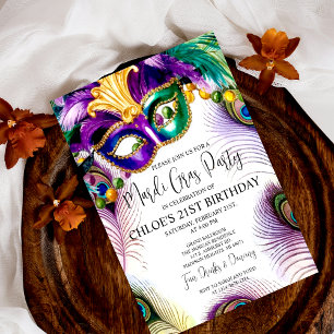 Invitation Masque à plumes de paon Fête de Mardi Gras Mascara