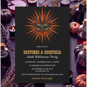 Invitation Masque à plumes dorées pour soirée d'Halloween pou