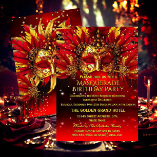 Invitation Masque à plumes dorées rouges Fête d'anniversaire