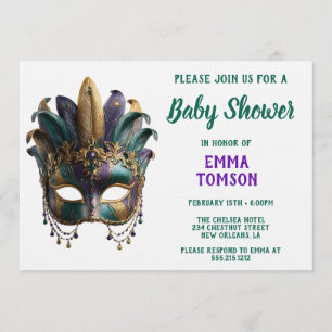Invitation Masque à plumes régales de Mardi Gras Baby Shower