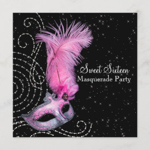 Invitation Masque à plumes rose noir Sweet 16 Soirée masquée