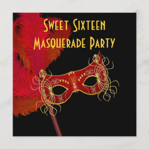 Invitation Masque à plumes Rouge Or Sweet 16 Soirée Mascarade