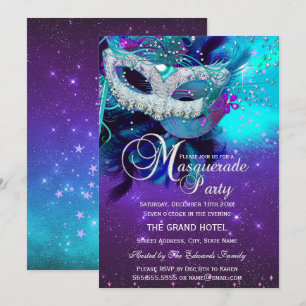 Invitation Masque à plumes violet sarcelle Mascarade Annivers