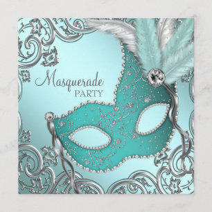 Invitation Masque argent bleu sarcelle Soirée masquée