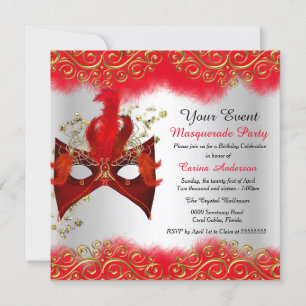 Invitation Masque argent rouge or Fête d'anniversaire en masq
