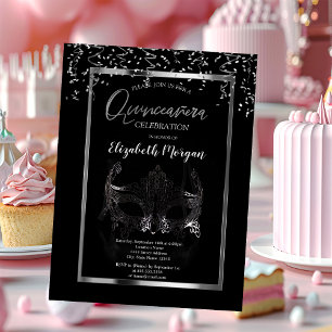 Invitation Masque argenté, cadre, Quinceañera confettis