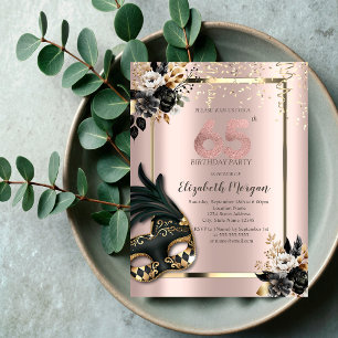 Invitation Masque Black Roses Confetti Rose Gold 65th