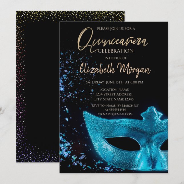 Invitation Masque bleu, Confetti Quinceañera (Devant / Derrière)
