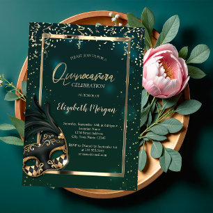 Invitation Masque,Cadre,Confettis Vert Quinceañera