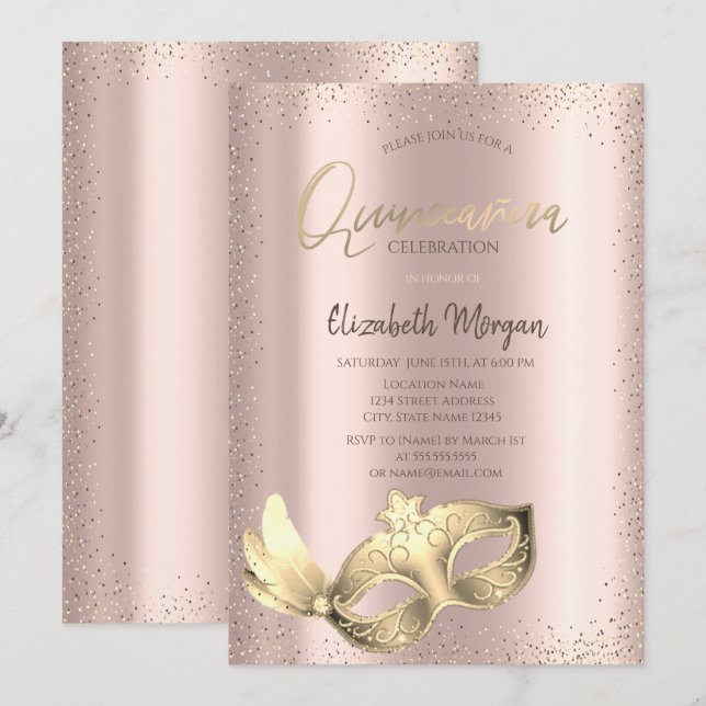 Invitation Masque Chic, Confetti Rose Gold Quinceañera (Devant / Derrière)