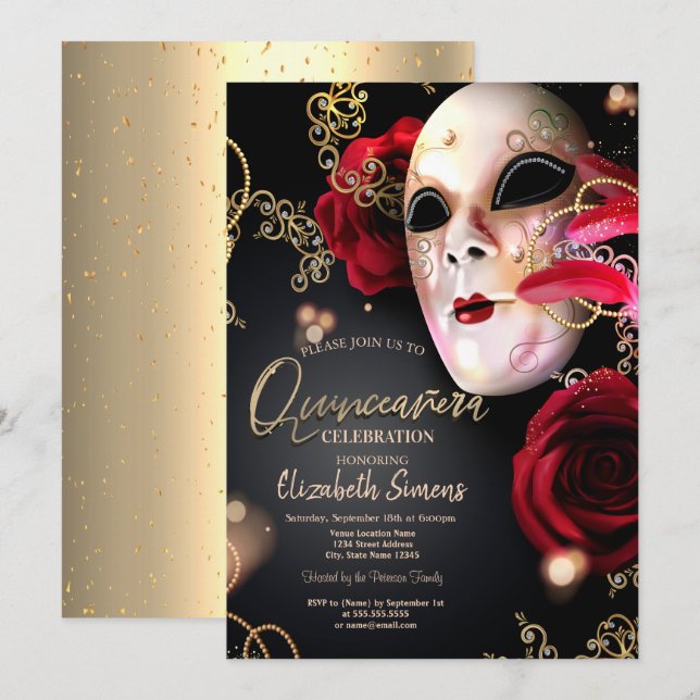 Invitation Masque Confetti Or Roses rouges Quinceañera (Devant / Derrière)